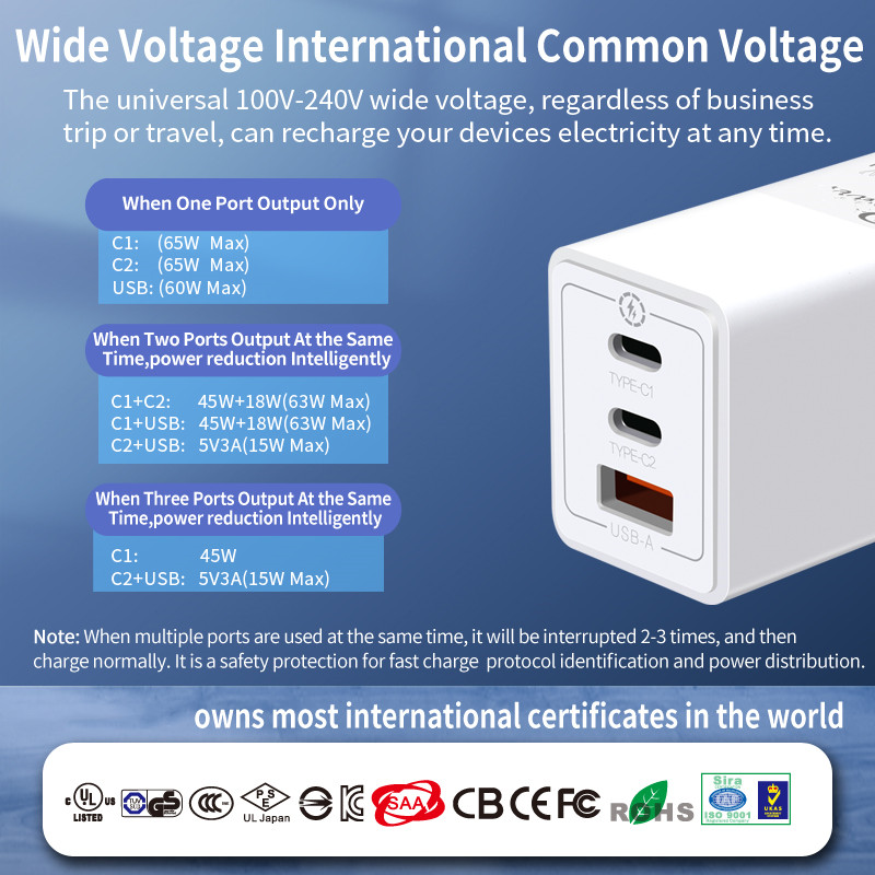 Pd QC3.0 3 Port Charger USB C Quick Charge Fast USB Charger GaN Adapter 65W GaN Charger r(图6)